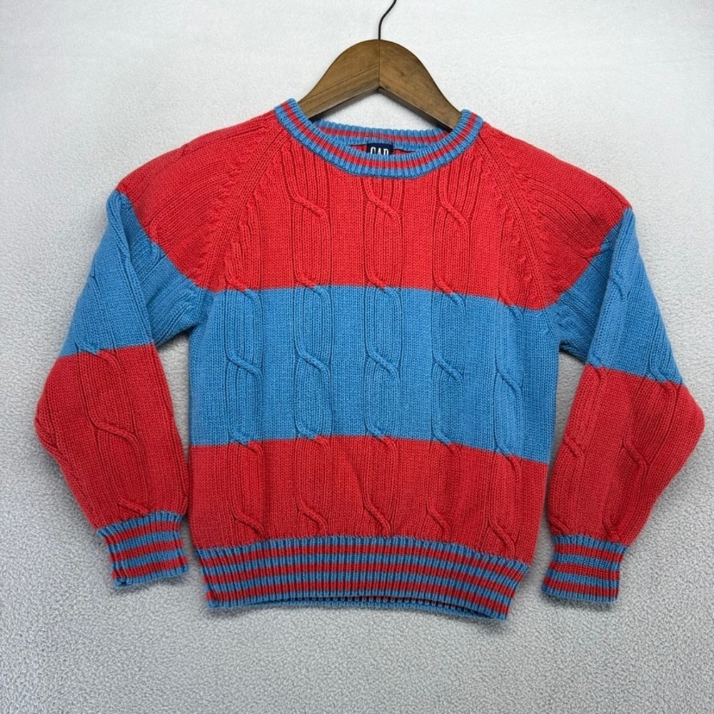 Vintage GAP Sweater Boys Small Red Blue Striped Cable Knit Preppy Chunky 90s